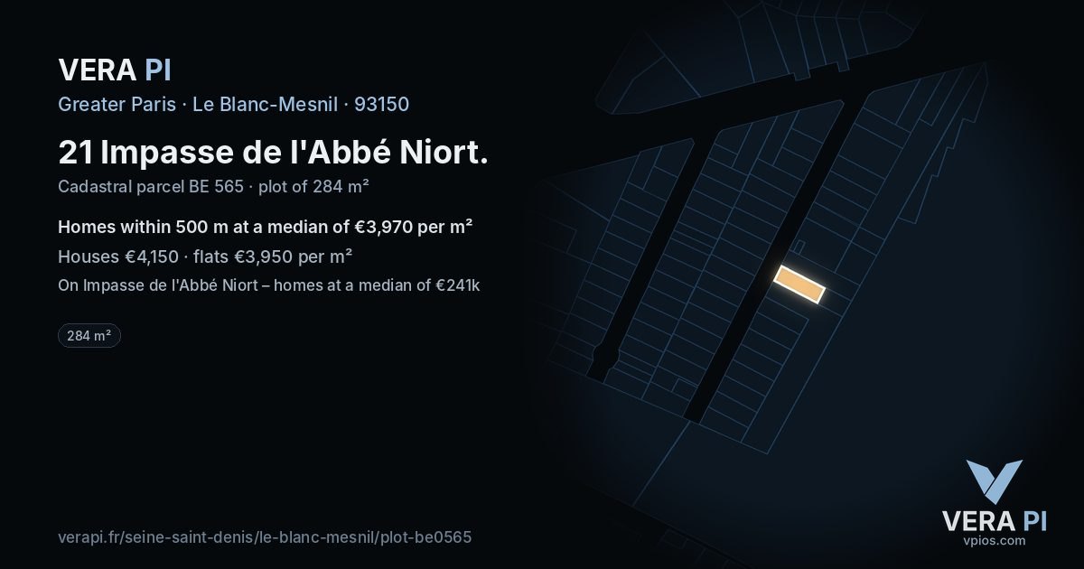 21 Impasse de l'Abbé Niort, Le Blanc-Mesnil at night – the plot lit, the parcels around coloured by the prices near them