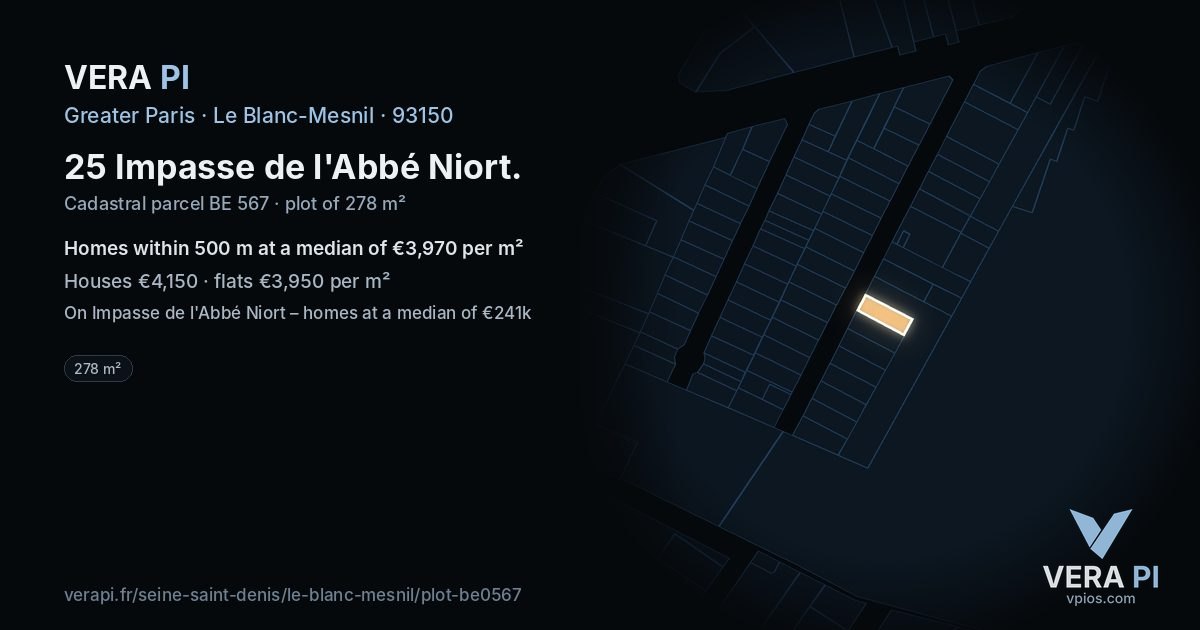 25 Impasse de l'Abbé Niort, Le Blanc-Mesnil at night – the plot lit, the parcels around coloured by the prices near them