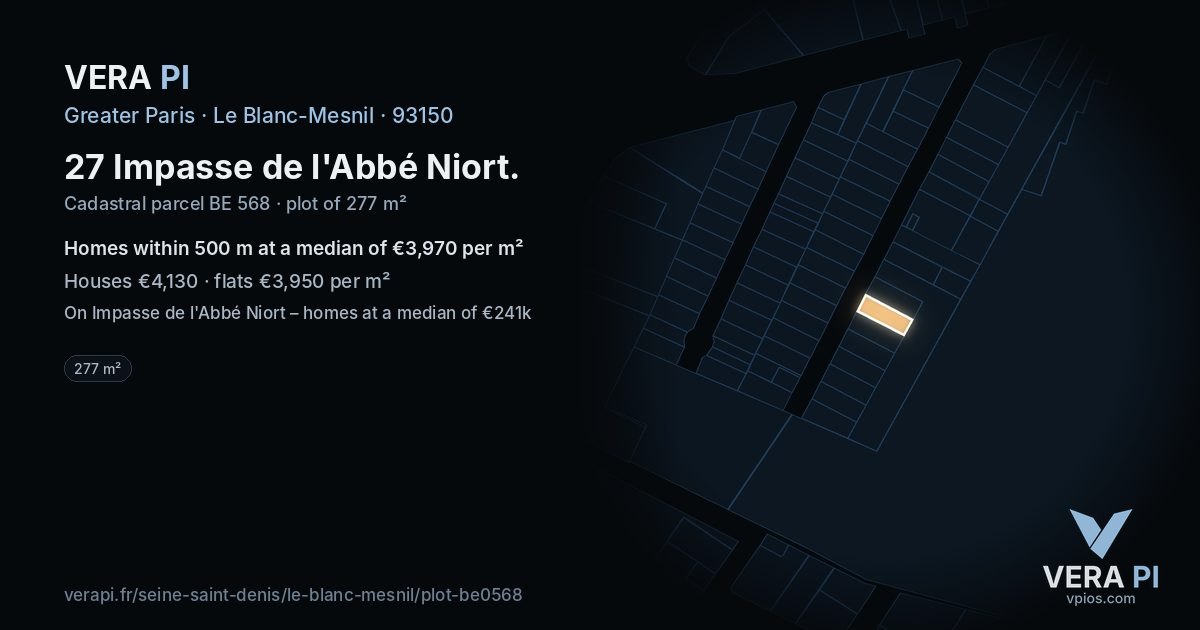 27 Impasse de l'Abbé Niort, Le Blanc-Mesnil at night – the plot lit, the parcels around coloured by the prices near them