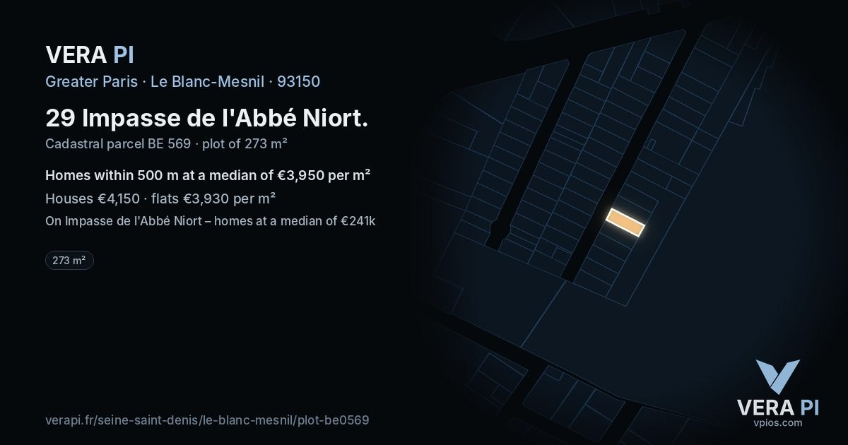 29 Impasse de l'Abbé Niort, Le Blanc-Mesnil at night – the plot lit, the parcels around coloured by the prices near them