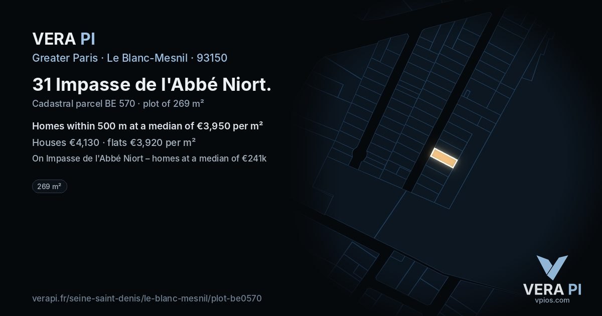 31 Impasse de l'Abbé Niort, Le Blanc-Mesnil at night – the plot lit, the parcels around coloured by the prices near them