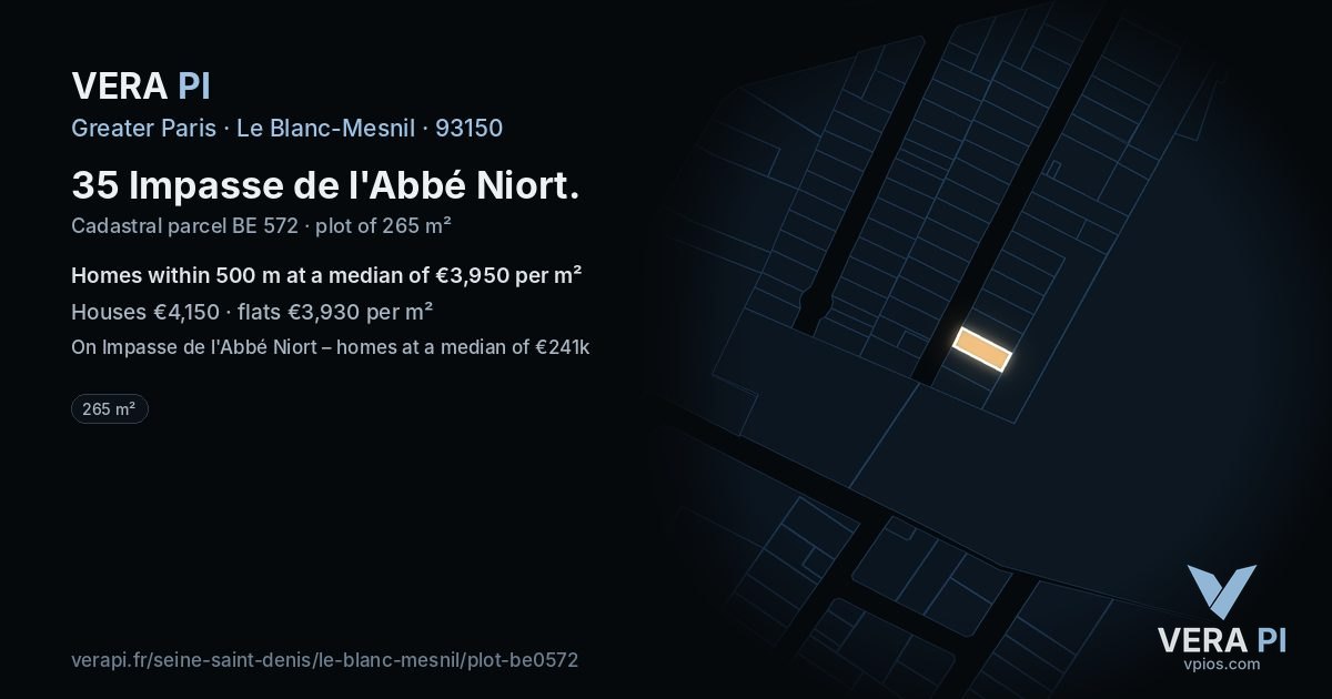35 Impasse de l'Abbé Niort, Le Blanc-Mesnil at night – the plot lit, the parcels around coloured by the prices near them