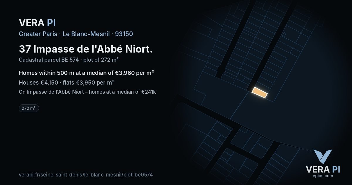 37 Impasse de l'Abbé Niort, Le Blanc-Mesnil at night – the plot lit, the parcels around coloured by the prices near them