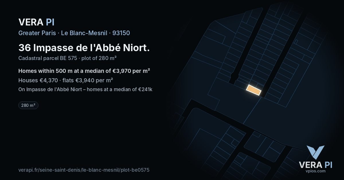 36 Impasse de l'Abbé Niort, Le Blanc-Mesnil at night – the plot lit, the parcels around coloured by the prices near them
