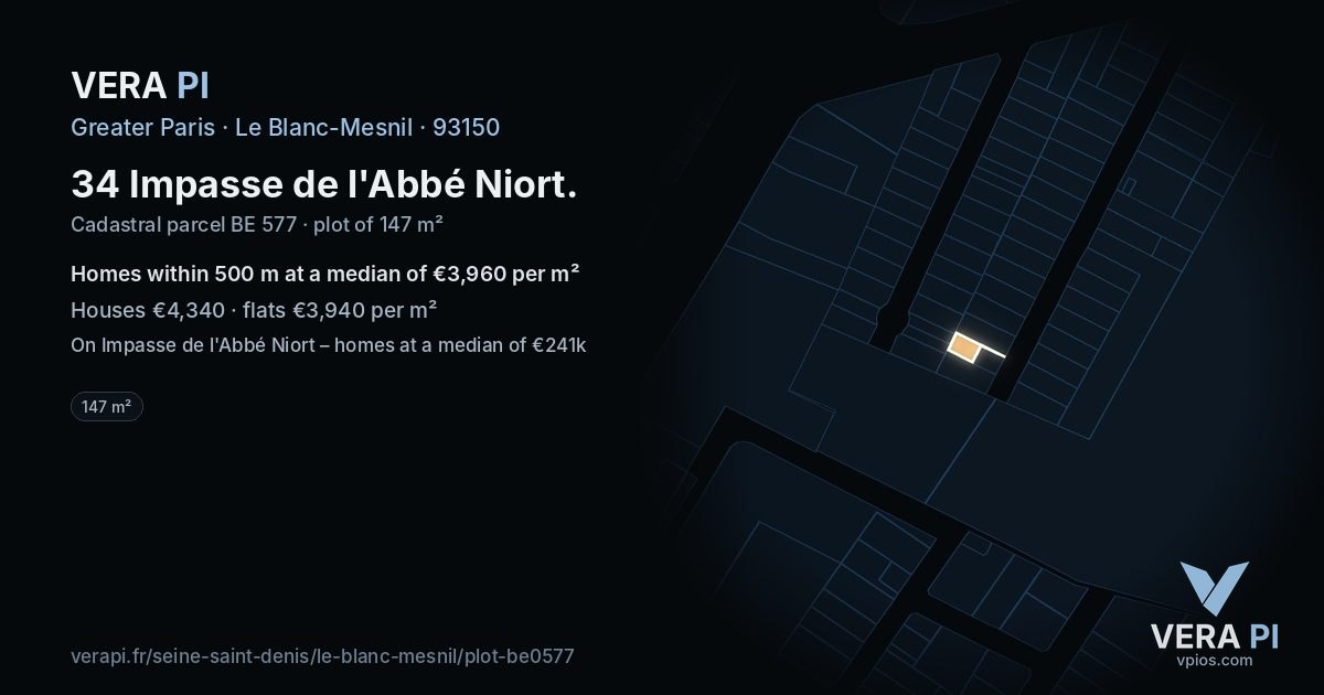 34 Impasse de l'Abbé Niort, Le Blanc-Mesnil at night – the plot lit, the parcels around coloured by the prices near them