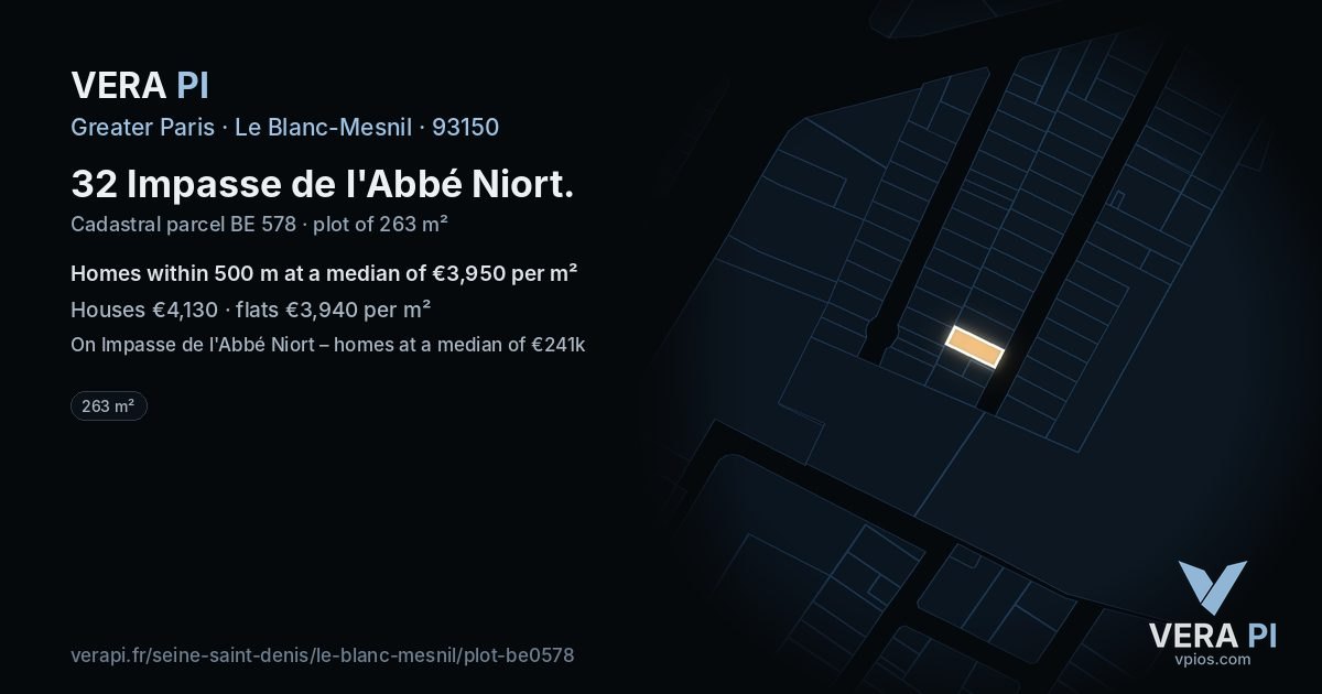32 Impasse de l'Abbé Niort, Le Blanc-Mesnil at night – the plot lit, the parcels around coloured by the prices near them