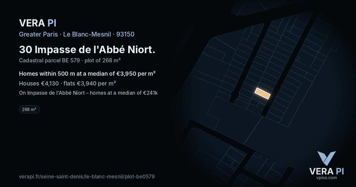 30 Impasse de l'Abbé Niort, Le Blanc-Mesnil at night – the plot lit, the parcels around coloured by the prices near them