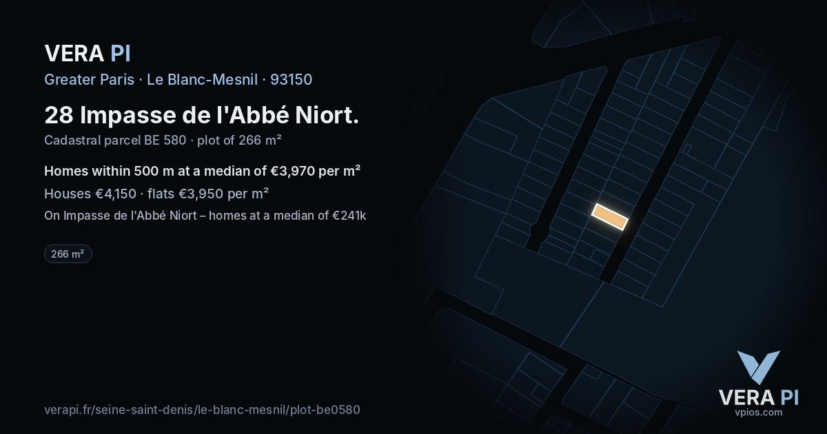 28 Impasse de l'Abbé Niort, Le Blanc-Mesnil at night – the plot lit, the parcels around coloured by the prices near them