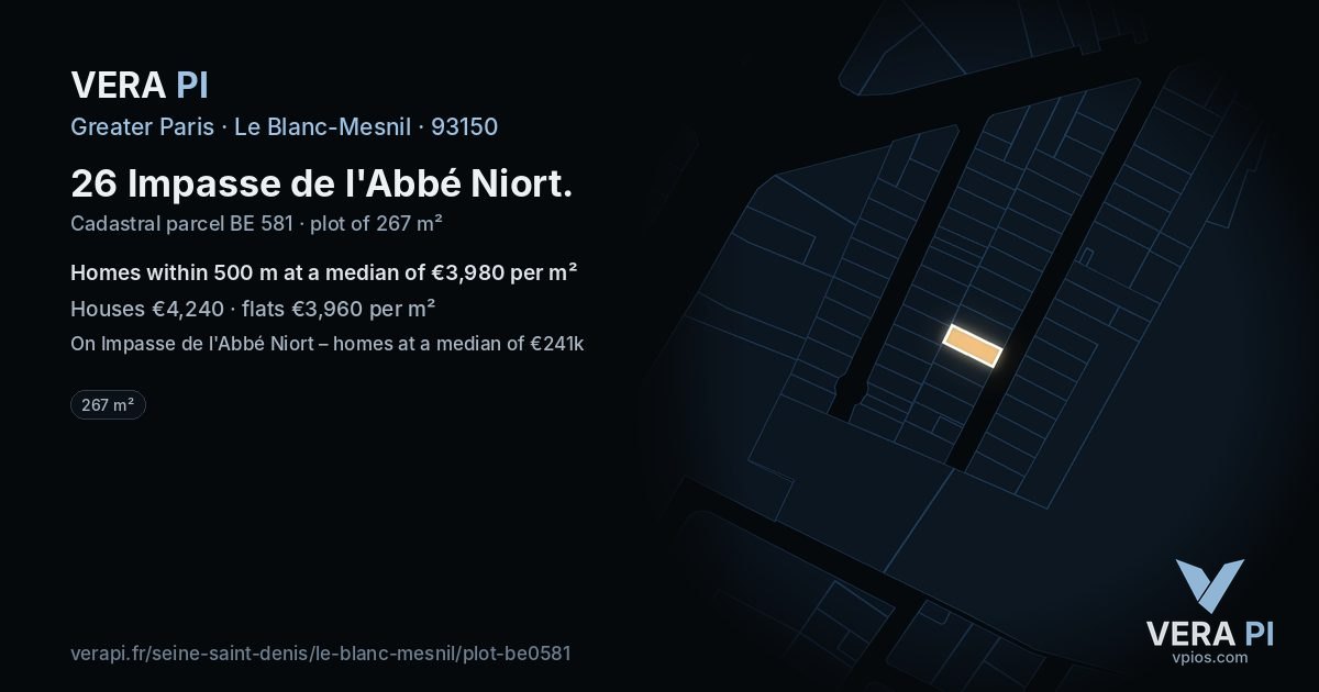 26 Impasse de l'Abbé Niort, Le Blanc-Mesnil at night – the plot lit, the parcels around coloured by the prices near them