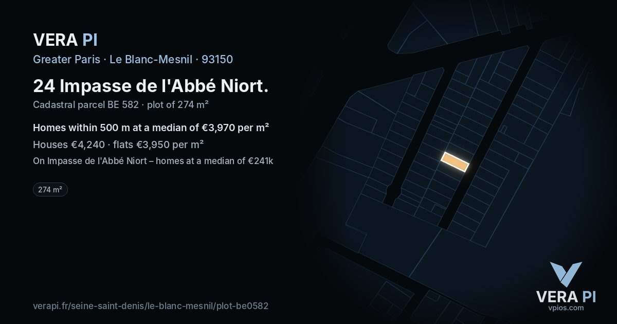 24 Impasse de l'Abbé Niort, Le Blanc-Mesnil at night – the plot lit, the parcels around coloured by the prices near them