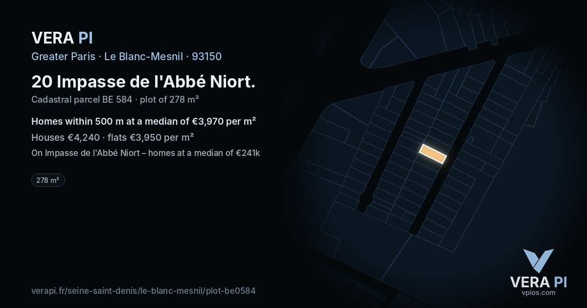 20 Impasse de l'Abbé Niort, Le Blanc-Mesnil at night – the plot lit, the parcels around coloured by the prices near them