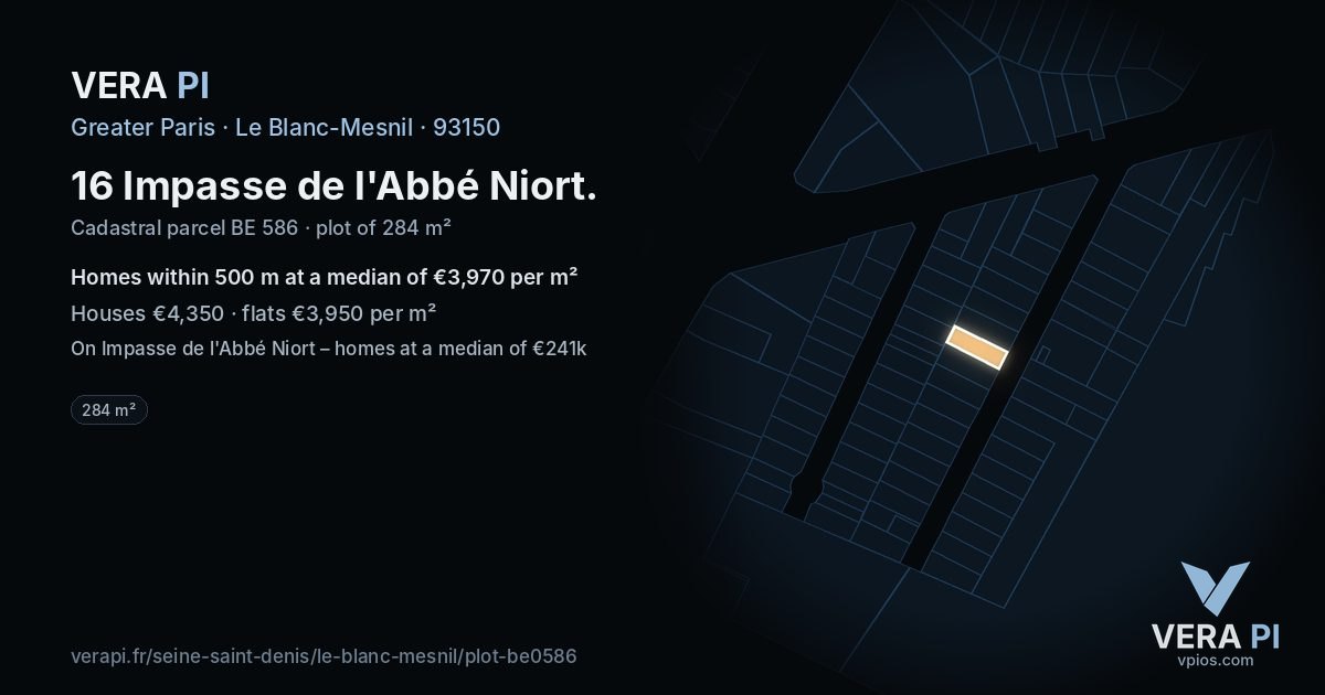 16 Impasse de l'Abbé Niort, Le Blanc-Mesnil at night – the plot lit, the parcels around coloured by the prices near them