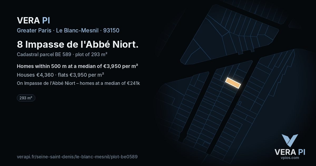 8 Impasse de l'Abbé Niort, Le Blanc-Mesnil at night – the plot lit, the parcels around coloured by the prices near them