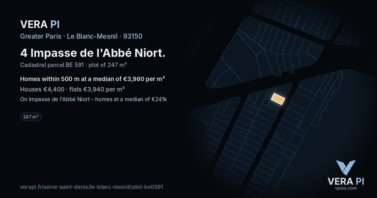 4 Impasse de l'Abbé Niort, Le Blanc-Mesnil at night – the plot lit, the parcels around coloured by the prices near them