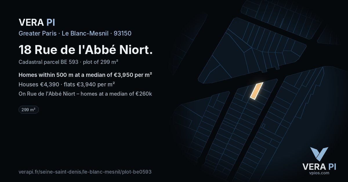 18 Rue de l'Abbé Niort, Le Blanc-Mesnil at night – the plot lit, the parcels around coloured by the prices near them