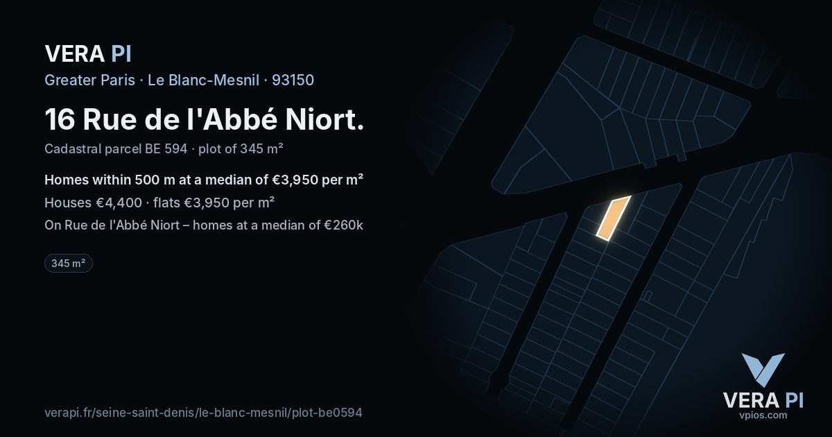 16 Rue de l'Abbé Niort, Le Blanc-Mesnil at night – the plot lit, the parcels around coloured by the prices near them