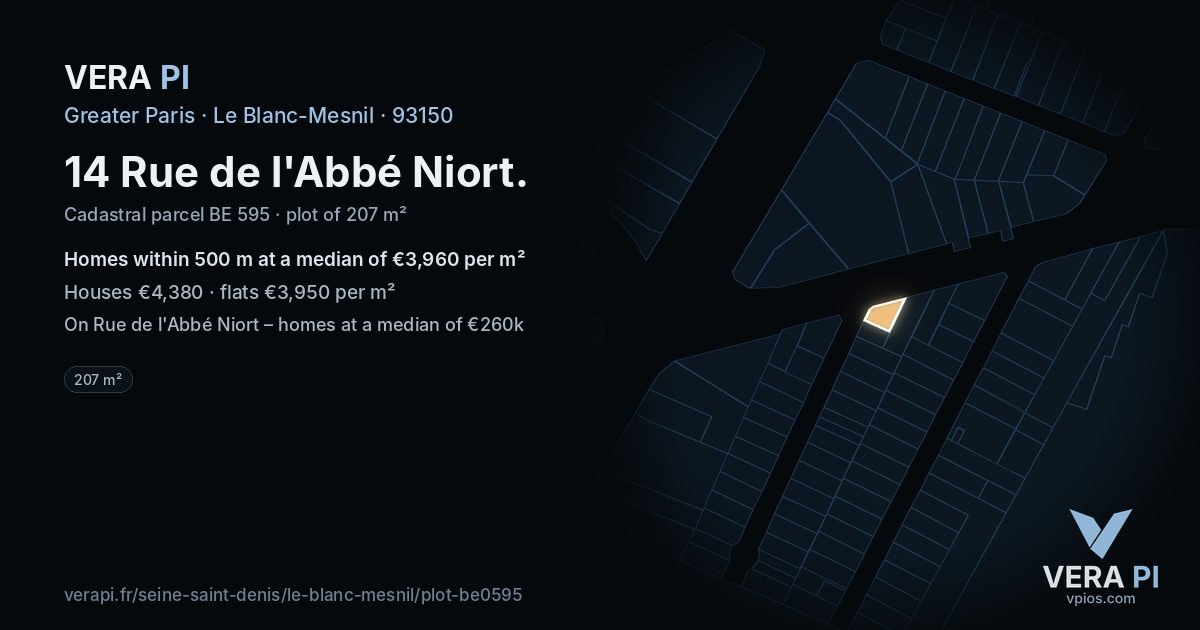 14 Rue de l'Abbé Niort, Le Blanc-Mesnil at night – the plot lit, the parcels around coloured by the prices near them