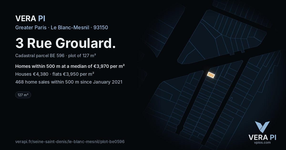 3 Rue Groulard, Le Blanc-Mesnil at night – the plot lit, the parcels around coloured by the prices near them