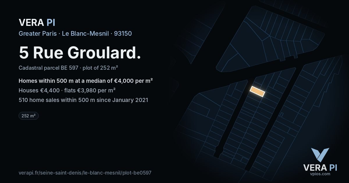 5 Rue Groulard, Le Blanc-Mesnil at night – the plot lit, the parcels around coloured by the prices near them