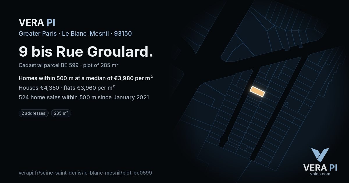 9 bis Rue Groulard, Le Blanc-Mesnil at night – the plot lit, the parcels around coloured by the prices near them