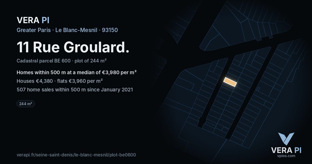 11 Rue Groulard, Le Blanc-Mesnil at night – the plot lit, the parcels around coloured by the prices near them