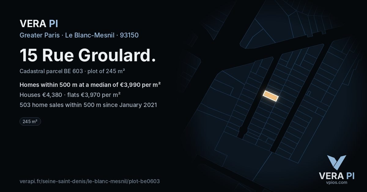 15 Rue Groulard, Le Blanc-Mesnil at night – the plot lit, the parcels around coloured by the prices near them