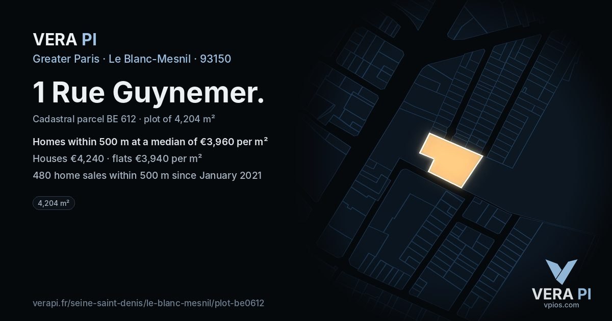1 Rue Guynemer, Le Blanc-Mesnil at night – the plot lit, the parcels around coloured by the prices near them
