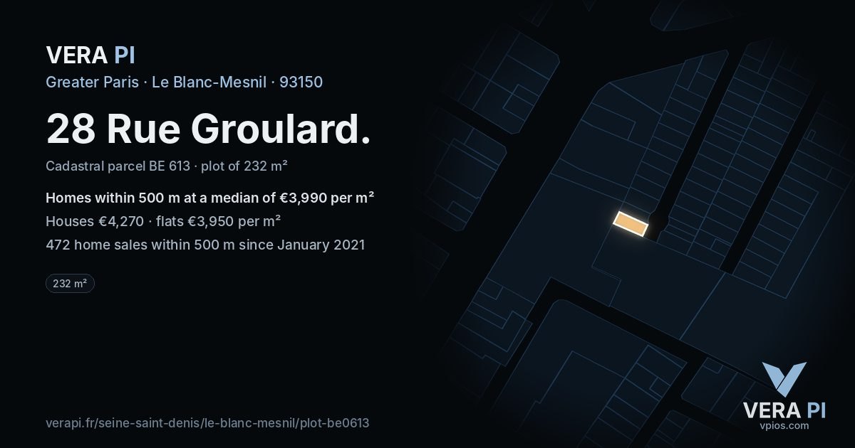 28 Rue Groulard, Le Blanc-Mesnil at night – the plot lit, the parcels around coloured by the prices near them