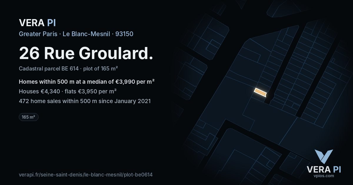 26 Rue Groulard, Le Blanc-Mesnil at night – the plot lit, the parcels around coloured by the prices near them