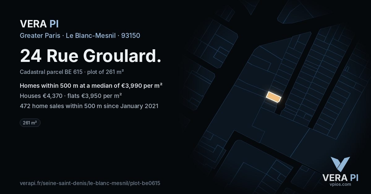 24 Rue Groulard, Le Blanc-Mesnil at night – the plot lit, the parcels around coloured by the prices near them