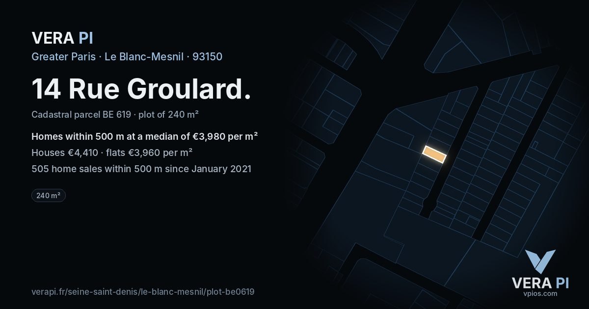 14 Rue Groulard, Le Blanc-Mesnil at night – the plot lit, the parcels around coloured by the prices near them