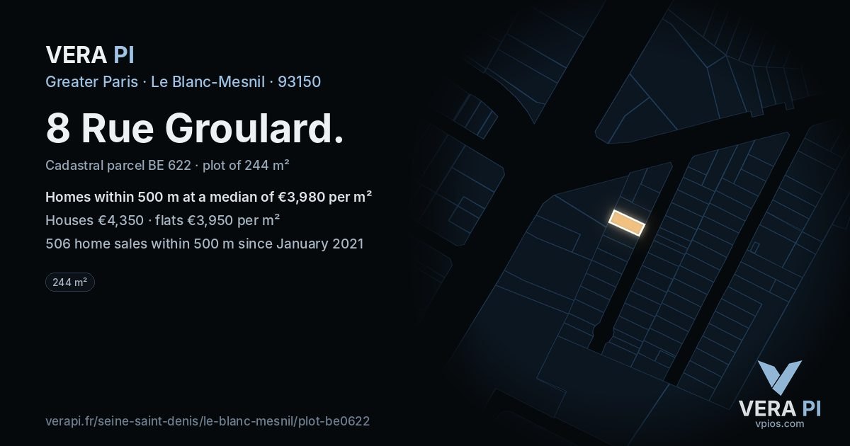 8 Rue Groulard, Le Blanc-Mesnil at night – the plot lit, the parcels around coloured by the prices near them