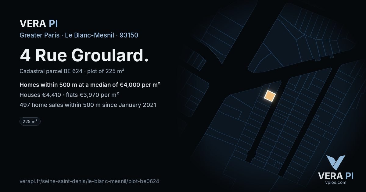 4 Rue Groulard, Le Blanc-Mesnil at night – the plot lit, the parcels around coloured by the prices near them