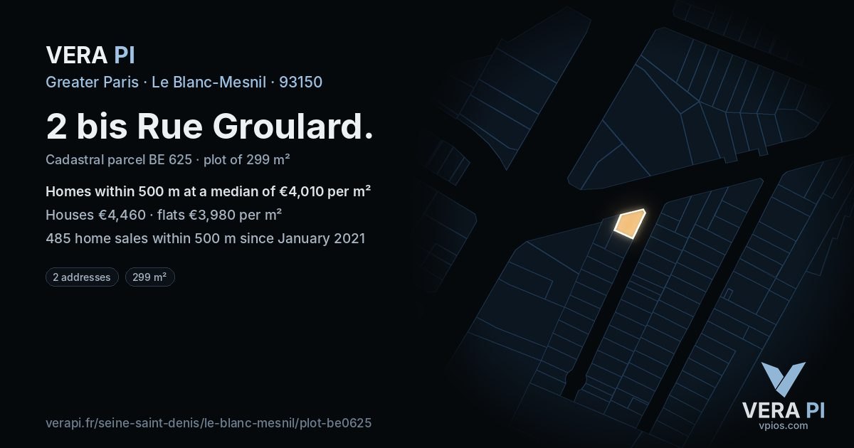 2 bis Rue Groulard, Le Blanc-Mesnil at night – the plot lit, the parcels around coloured by the prices near them