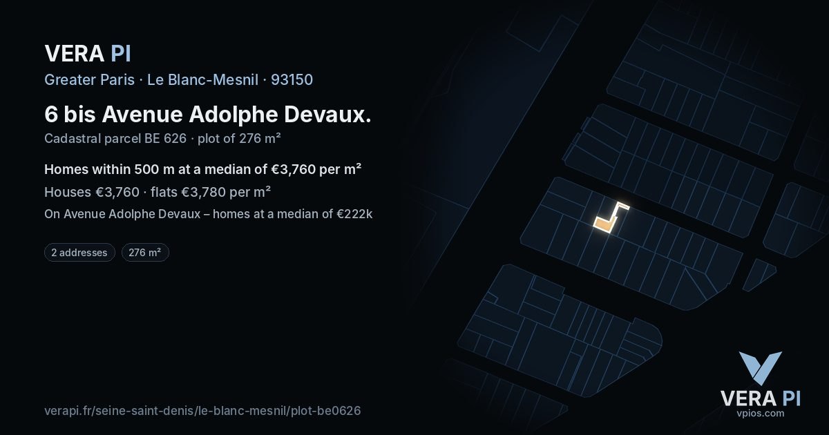 6 bis Avenue Adolphe Devaux, Le Blanc-Mesnil at night – the plot lit, the parcels around coloured by the prices near them