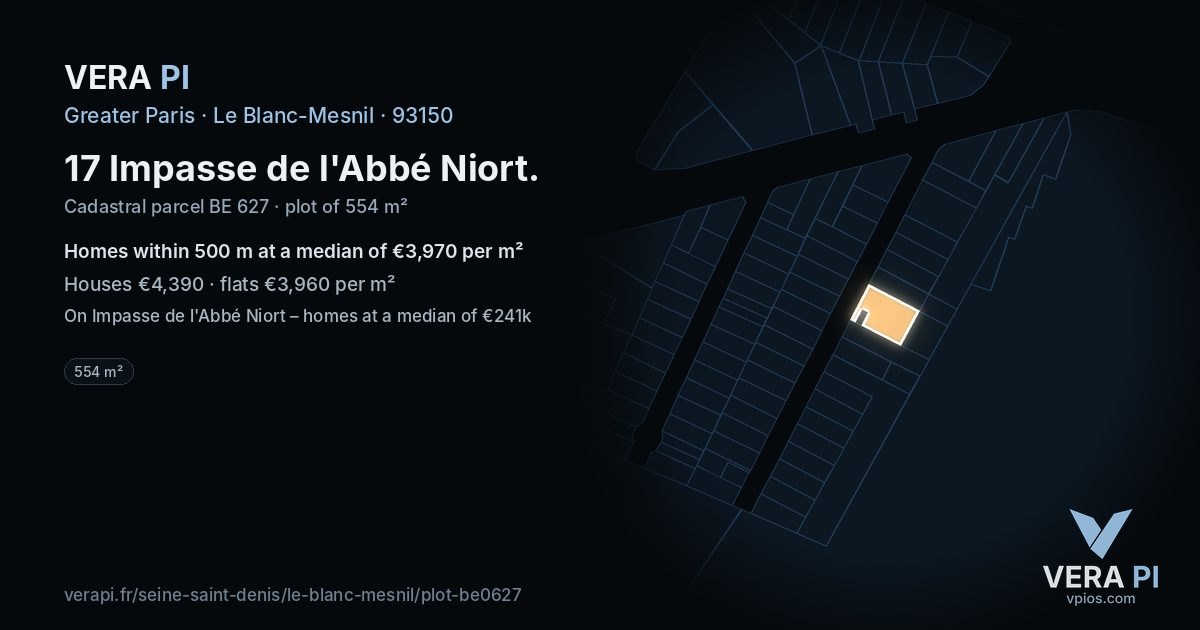 17 Impasse de l'Abbé Niort, Le Blanc-Mesnil at night – the plot lit, the parcels around coloured by the prices near them