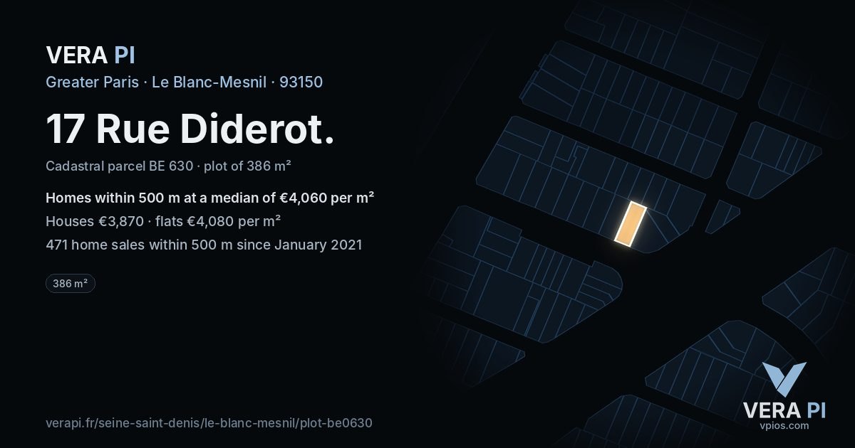17 Rue Diderot, Le Blanc-Mesnil at night – the plot lit, the parcels around coloured by the prices near them