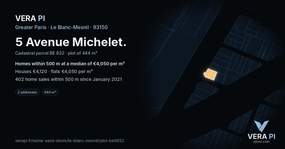 5 Avenue Michelet, Le Blanc-Mesnil at night – the plot lit, the parcels around coloured by the prices near them