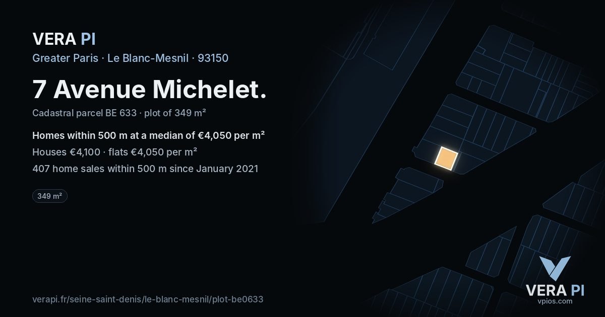 7 Avenue Michelet, Le Blanc-Mesnil at night – the plot lit, the parcels around coloured by the prices near them