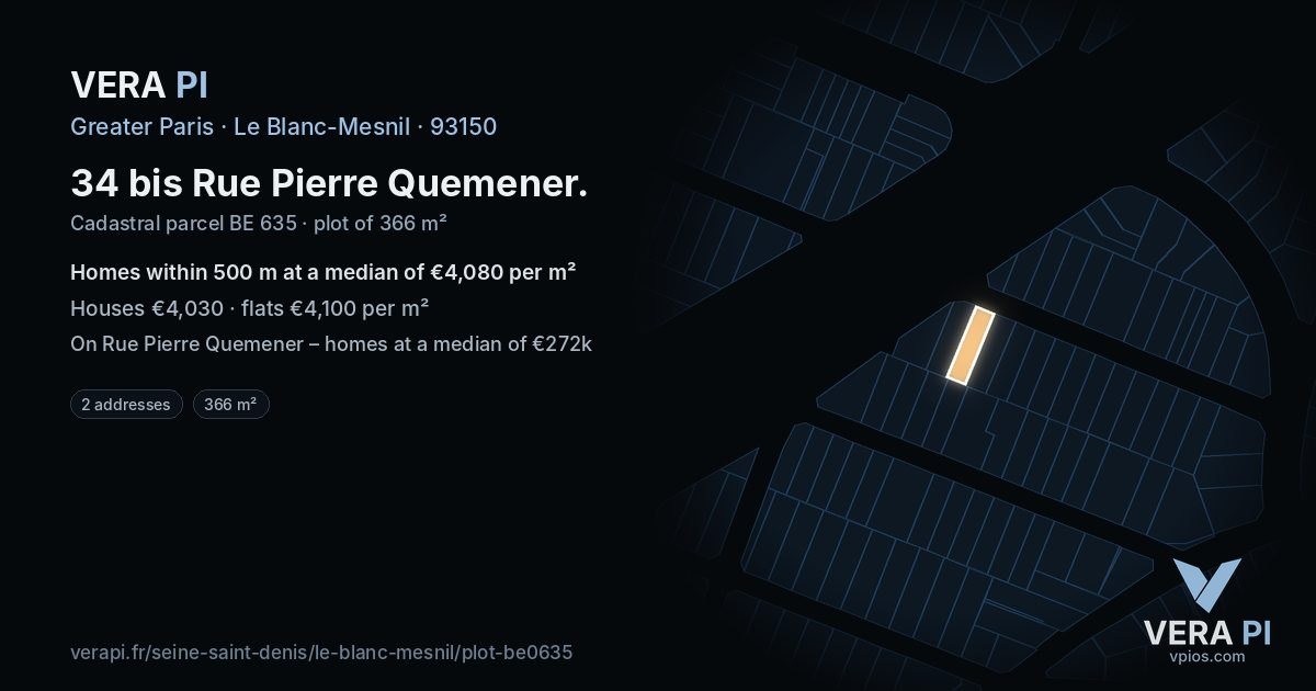 34 bis Rue Pierre Quemener, Le Blanc-Mesnil at night – the plot lit, the parcels around coloured by the prices near them
