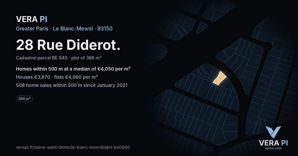 28 Rue Diderot, Le Blanc-Mesnil at night – the plot lit, the parcels around coloured by the prices near them