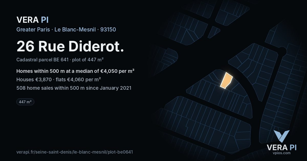 26 Rue Diderot, Le Blanc-Mesnil at night – the plot lit, the parcels around coloured by the prices near them