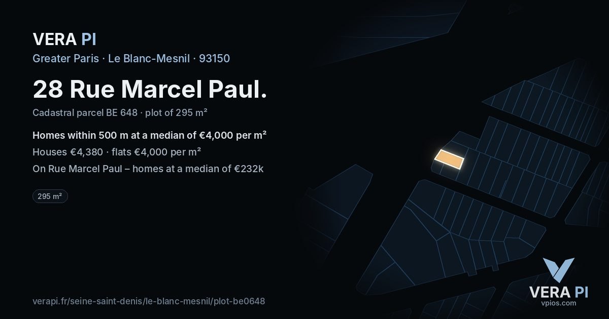 28 Rue Marcel Paul, Le Blanc-Mesnil at night – the plot lit, the parcels around coloured by the prices near them