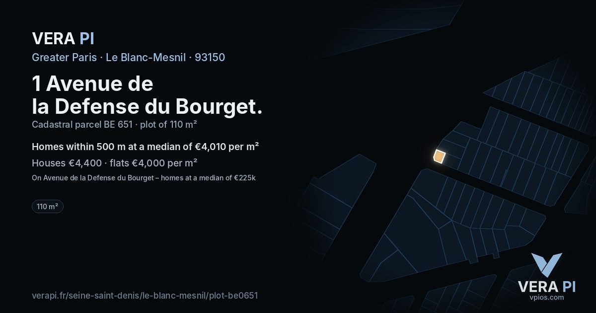 1 Avenue de la Defense du Bourget, Le Blanc-Mesnil at night – the plot lit, the parcels around coloured by the prices near them