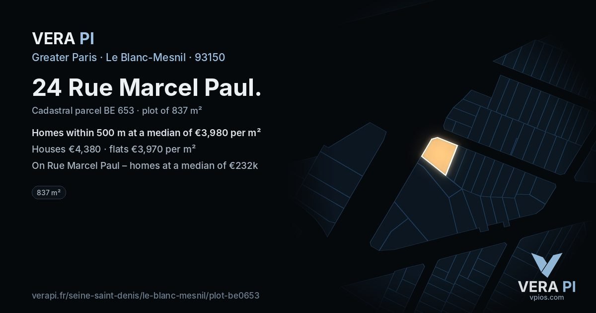 24 Rue Marcel Paul, Le Blanc-Mesnil at night – the plot lit, the parcels around coloured by the prices near them