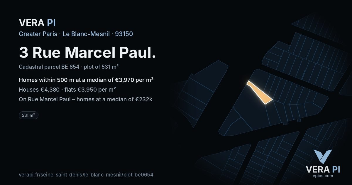 3 Rue Marcel Paul, Le Blanc-Mesnil at night – the plot lit, the parcels around coloured by the prices near them