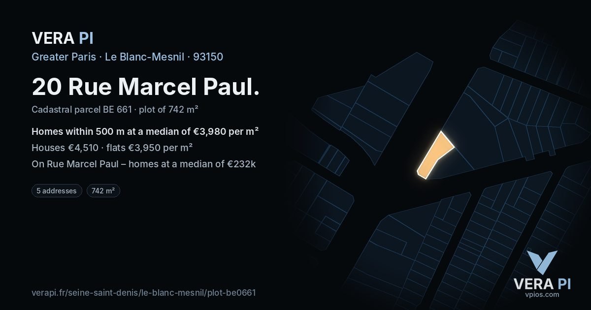 20 Rue Marcel Paul, Le Blanc-Mesnil at night – the plot lit, the parcels around coloured by the prices near them