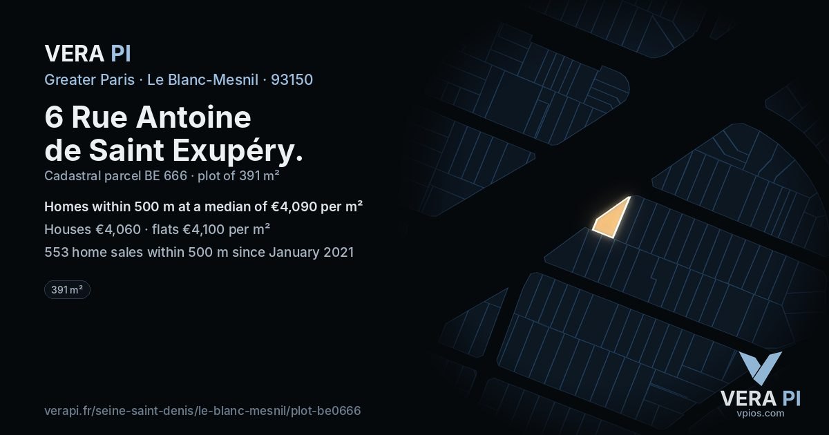 6 Rue Antoine de Saint Exupéry, Le Blanc-Mesnil at night – the plot lit, the parcels around coloured by the prices near them