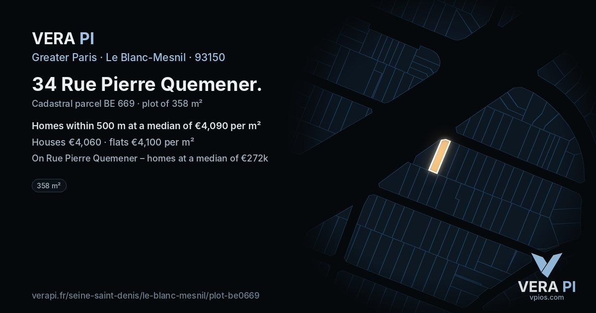 34 Rue Pierre Quemener, Le Blanc-Mesnil at night – the plot lit, the parcels around coloured by the prices near them