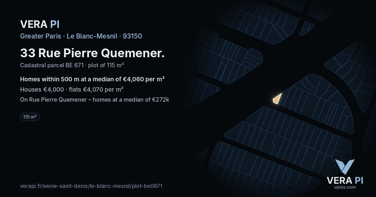 33 Rue Pierre Quemener, Le Blanc-Mesnil at night – the plot lit, the parcels around coloured by the prices near them
